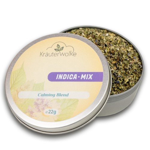 Geöffnete Dose Kräuterwolke Indica Mix – Calming Blend, 22 g