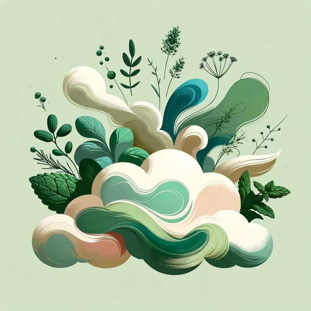 Illustration einer weichen Wolke aus Kräutern, Blättern und Blüten in Grün-, Creme- und Rosétönen